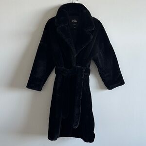 Zara Black Belted Teddy Coat Size M